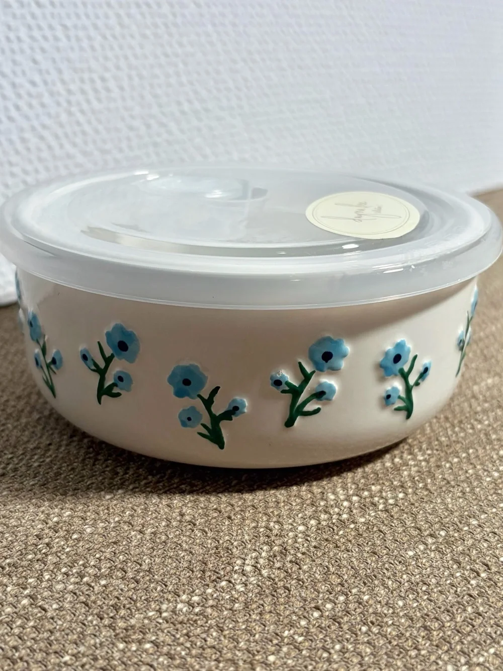 Ceramic Bowl with Venting Lid - Blue & Navy Floral Motif Textured Flower Design